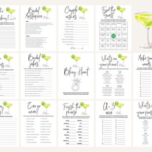 Pode incluir: Um conjunto de jogos de despedida de solteira imprim&iacute;veis com uma ilustra&ccedil;&atilde;o de um coquetel margarita verde e amarelo. Os jogos incluem "Em que a noiva est&aacute; pensando?", "Obra-prima nupcial", "Desejos do casal", "Encontre o convidado", "Melhores respostas", "Piadas de noiva", "O que est&aacute; no seu telefone?", "Ca&ccedil;a ao brilho", "Quantos?", "Sempre ou nunca", "Complete a frase", "Corrida A-Z", "Fa&ccedil;a algumas palavras", e "O que est&aacute; na sua bolsa?"