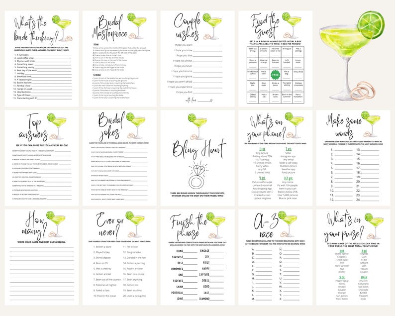 Pode incluir: Um conjunto de jogos de despedida de solteira imprim&iacute;veis com uma ilustra&ccedil;&atilde;o de um coquetel margarita verde e amarelo. Os jogos incluem "Em que a noiva est&aacute; pensando?", "Obra-prima nupcial", "Desejos do casal", "Encontre o convidado", "Melhores respostas", "Piadas de noiva", "O que est&aacute; no seu telefone?", "Ca&ccedil;a ao brilho", "Quantos?", "Sempre ou nunca", "Complete a frase", "Corrida A-Z", "Fa&ccedil;a algumas palavras", e "O que est&aacute; na sua bolsa?"