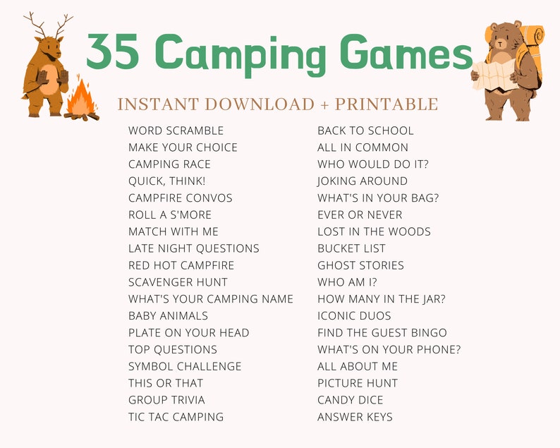 Camping Games Camping Games Kids Families Adults Camping Games Printable Camping Activities Camping Scavenger Hunt Campfire Games image 6