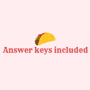 Peut inclure: Un taco de dessin anim&eacute; avec une coquille jaune, rempli de viande hach&eacute;e, de laitue et de tomates, est affich&eacute; sur un fond rose clair. Le texte "Answer keys included" est &eacute;crit en rouge, dans une police stylis&eacute;e sous le taco.