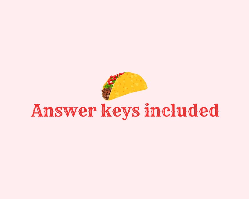 Peut inclure: Un taco de dessin anim&eacute; avec une coquille jaune, rempli de viande hach&eacute;e, de laitue et de tomates, est affich&eacute; sur un fond rose clair. Le texte "Answer keys included" est &eacute;crit en rouge, dans une police stylis&eacute;e sous le taco.