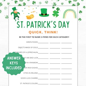Quick Think Game | St Patrick&#39;s Day Games | St Patty&#39;s Day Game | St Patricks Day Games for Adults Kids School | St Patricks Printable