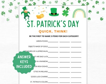 St. Patrick's Day Quick Think Game | Printable Party Activity (Digital Download)