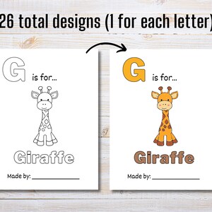 May include: A printable coloring page featuring the letter G and a giraffe. The letter G is in yellow and the giraffe is in black and white. The text "G is for... Giraffe" is printed below the image. The text "Made by:" is printed below the text "Giraffe".
