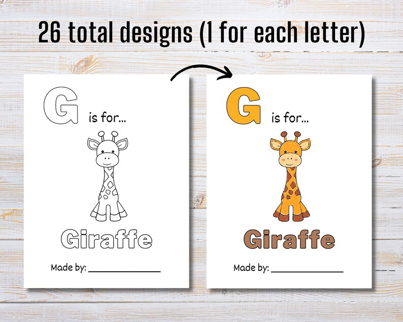 May include: A printable coloring page featuring the letter G and a giraffe. The letter G is in yellow and the giraffe is in black and white. The text "G is for... Giraffe" is printed below the image. The text "Made by:" is printed below the text "Giraffe".
