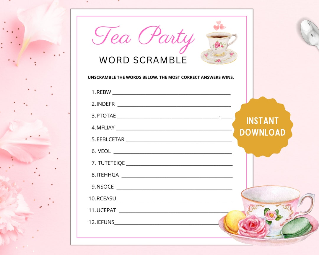 Tea Word Scramble | Fun Tea Party Game | Tea Games | Tea Party Games ...