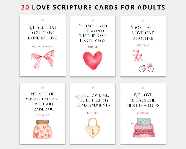 May include: Set of 20 printable cards featuring watercolor illustrations and Bible verses about love. Each card has a different verse and illustration, such as a heart, a jar filled with hearts, a bicycle, and a typewriter.