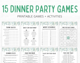 May include: A set of 15 printable dinner party games with a watercolor background of green leaves. The games include Think Quick, What's on Your Phone?, Word Scramble, Find the Guest Bingo, Dinner Dice, Pass the Prize, Plate on Your Head, and This or That.