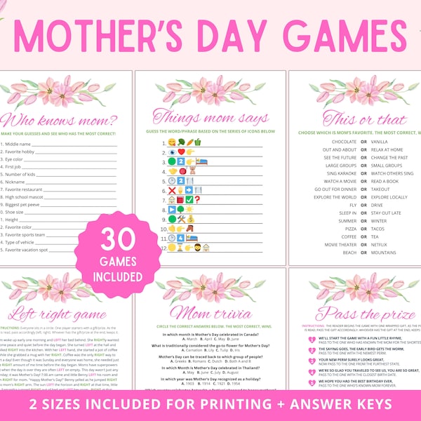 Paquete de juegos del Día de las Madres / Juegos del Día de las Madres / Juegos para mamá / Juego de fiesta del Día de las Madres / Actividad del Día de las Madres / Manualidades del Día de las Madres / Imprimible