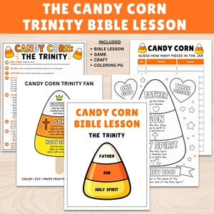 Puede incluir: Un conjunto de materiales educativos imprimibles titulados The Candy Corn Trinity Bible Lesson, que incluye hojas de trabajo, un juego, una manualidad y una página para colorear. Los documentos contienen ilustraciones de candy corn divididas en secciones.