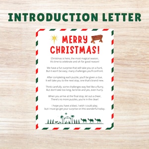 May include: A red and green Christmas card with a white background. The card has a festive message that reads "Merry Christmas!" and includes a poem about a Christmas scavenger hunt. The card features a star, a manger, and a Christmas tree.