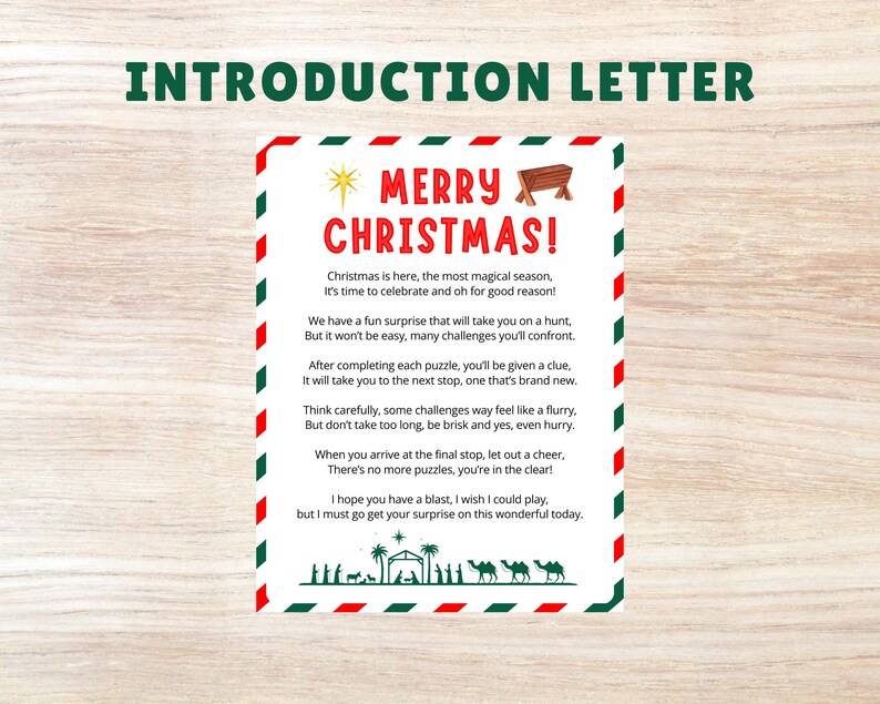 May include: A red and green Christmas card with a white background. The card has a festive message that reads "Merry Christmas!" and includes a poem about a Christmas scavenger hunt. The card features a star, a manger, and a Christmas tree.