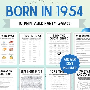 70th Birthday Party Games | Born in 1954 | 70th Birthday Games | 1954 Games | 1954 Birthday Game | 1954 Trivia | Printable 1954 Games