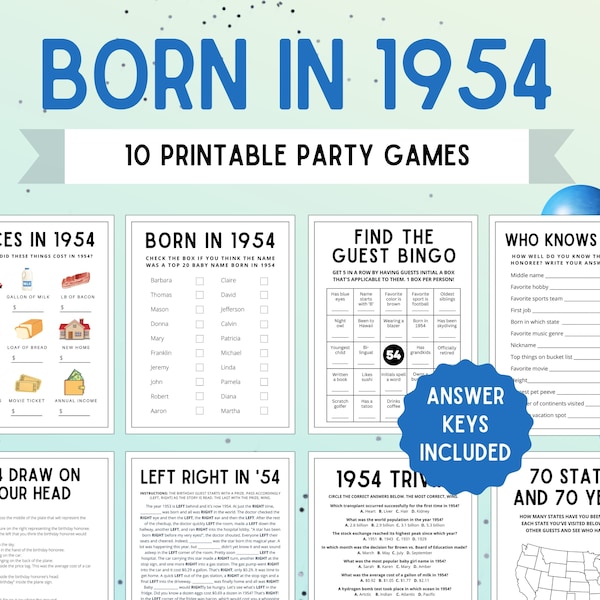 70th Birthday Party Games | Born in 1954 | 70th Birthday Games | 1954 Games | 1954 Birthday Game | 1954 Trivia | Printable 1954 Games