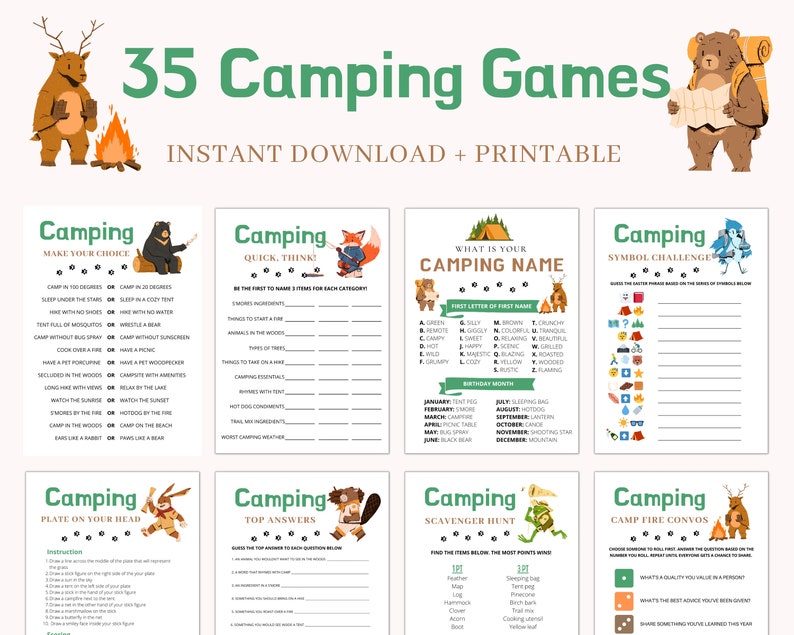 Camping Games Camping Games Kids Families Adults Camping Games Printable Camping Activities Camping Scavenger Hunt Campfire Games image 1