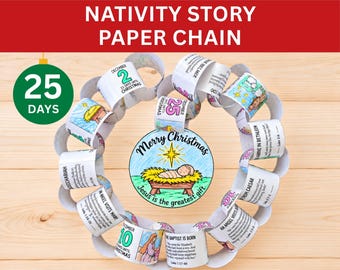 May include: A Nativity story paper chain featuring 25 numbered links with illustrations and text detailing the Christmas story. A central circular ornament displays a manger scene with the text Merry Christmas and Jesus is the greatest gift.