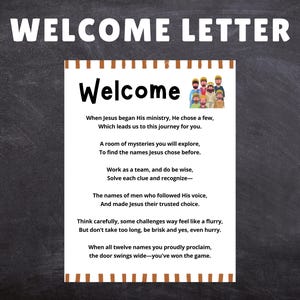 Puede incluir: Una carta de bienvenida impresa con el t&iacute;tulo "WELCOME LETTER" en letras blancas. La carta incluye la palabra "Welcome" en letras negras grandes, seguida de texto sobre un viaje y un equipo. Una peque&ntilde;a ilustraci&oacute;n de personas est&aacute; en la parte superior.