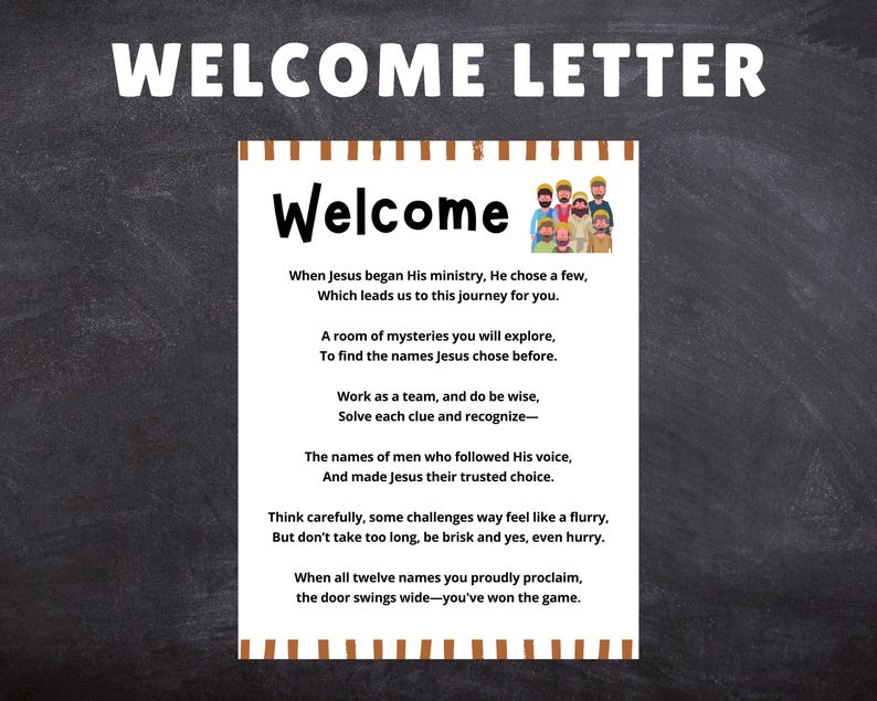Puede incluir: Una carta de bienvenida impresa con el t&iacute;tulo "WELCOME LETTER" en letras blancas. La carta incluye la palabra "Welcome" en letras negras grandes, seguida de texto sobre un viaje y un equipo. Una peque&ntilde;a ilustraci&oacute;n de personas est&aacute; en la parte superior.