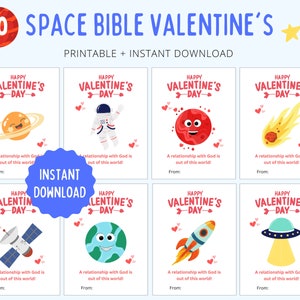 Op de afbeelding: Tien printbare Valentijnsdagkaarten met een ruimtethema. Elke kaart heeft een andere ruimte-illustratie, zoals een planeet, een astronaut, een raket en een UFO. De tekst op elke kaart luidt "Happy Valentine's Day" en "Een relatie met God is niet van deze wereld!"