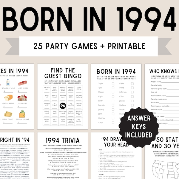 30th Birthday Party Games | Born in 1994 | 30th Birthday Games | 1994 Games | 1994 Birthday Game | 1994 Trivia | 30th Games | Printable