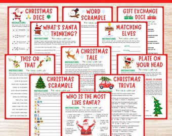 May include: A set of 50 printable Christmas games for parties and gatherings. The games include themes like Christmas Dice, Word Scramble, What's Santa Thinking, Matching Elves, Gift Exchange Dice, This or That, A Christmas Tale, Christmas Scramble, Christmas Trivia, Plate on Your Head, and Who is the Most Like Santa. The games are designed with a festive red and white color scheme and feature illustrations of Santa Claus, elves, reindeer, and Christmas trees.
