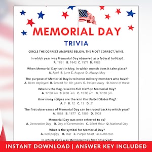 Memorial Day Trivia | Memorial Day Games | Patriotic Game | Memorial Day Activity | Memorial Day for Kids Adults | Memorial Day Printable
