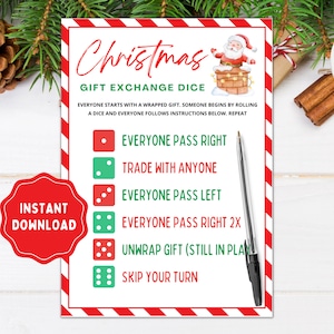 Cadeauruil dobbelstenen | Cadeauruilspel | Kerstcadeauspel | Geef het cadeau-spel door | Kerstspellen | Kerstfeestspellen | Afdrukbaar