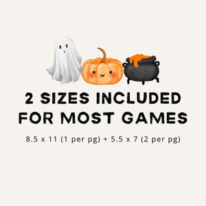 May include: A digital download of two sizes of Halloween themed printable game pieces. The image shows a ghost, a pumpkin, and a cauldron. The text reads "2 SIZES INCLUDED FOR MOST GAMES 8.5 x 11 (1 per pg) + 5.5 x 7 (2 per pg)"