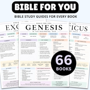 Puede incluir: Un conjunto de hojas de gu&iacute;a de estudio b&iacute;blico tituladas BIBLE FOR YOU, que presentan res&uacute;menes, temas clave, personajes y vers&iacute;culos para 66 libros. Los documentos utilizan un dise&ntilde;o limpio con encabezados en tonos pastel y texto negro.