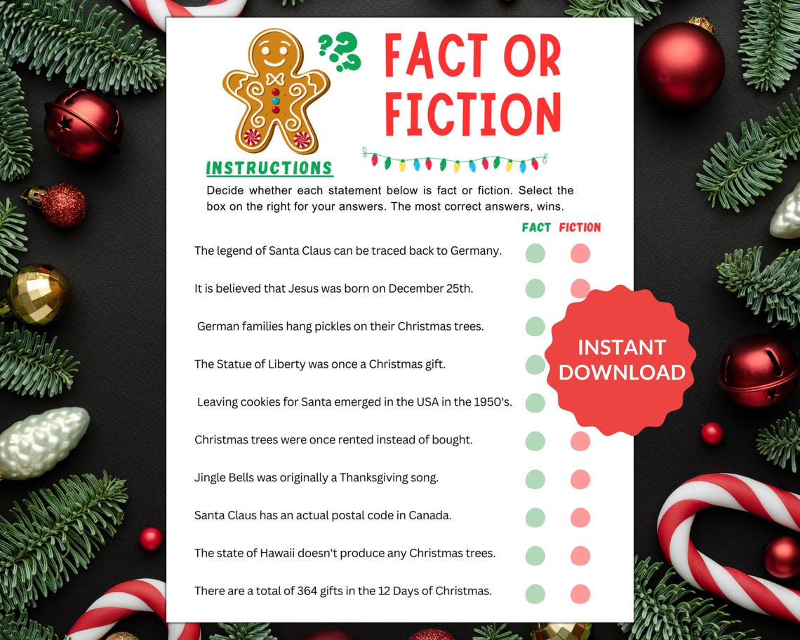 Christmas Fact or Fiction Game: Printable Trivia Riddles (digital ...