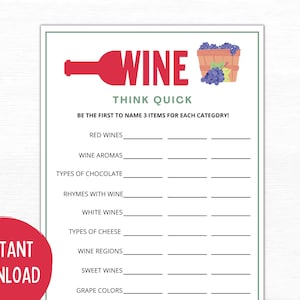 Think Quick Wine Game | Wine Party Games | Wine Tasting Party | Wine Games | Wine Themed Party | Winery Games | Printable Wine Games