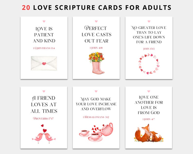 May include: Set of 20 printable cards featuring love-themed scripture verses with watercolor illustrations. Each card includes a verse from the Bible and a cute illustration, such as a heart-shaped envelope, a pair of birds, and a fox.