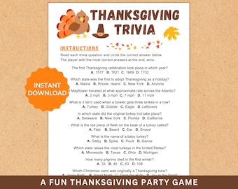 May include: A Thanksgiving trivia game printable with a festive autumn theme. The game features questions about Thanksgiving history, traditions, and food.  The printable includes a turkey illustration and fall leaves.