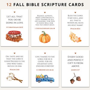 May include: Set of 12 fall-themed Bible scripture cards. Each card features a watercolor illustration of autumn elements like pumpkins, leaves, and acorns, along with Bible verses. The cards are white with black text and a small heart at the top.