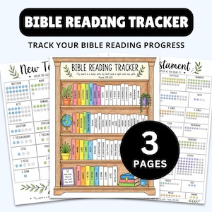 Puede incluir: Un conjunto de tres hojas imprimibles para el seguimiento de la lectura de la Biblia. La hoja central muestra una estanter&iacute;a con lomos de libros coloridos etiquetados, un globo terr&aacute;queo y plantas. Las hojas laterales contienen rastreadores.