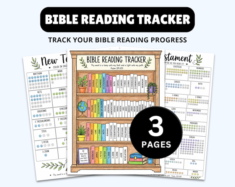 Puede incluir: Un conjunto de tres hojas imprimibles para el seguimiento de la lectura de la Biblia. La hoja central muestra una estanter&iacute;a con lomos de libros coloridos etiquetados, un globo terr&aacute;queo y plantas. Las hojas laterales contienen rastreadores.
