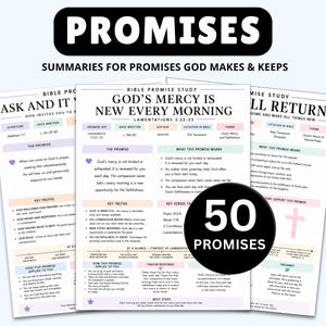 May include: A set of three white paper study sheets titled PROMISES, featuring summaries of biblical promises. Each sheet includes sections for scripture, date written, key truths, and prayer responses with pastel accents and a black 50 PROMISES badge.