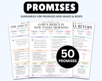 Op de afbeelding: Drie witte papieren studiebladen met de titel PROMISES, SUMMARIES FOR PROMISES GOD MAKES & KEEPS. Het middelste blad is getiteld GOD'S MERCY IS NEW EVERY MORNING. Een zwarte cirkel rechtsonder toont de tekst 50 PROMISES.