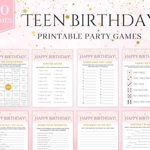 May include: A set of printable party games for a teen birthday party. The games include "Find the Guest Bingo", "Ever or Never", "Something They Love", "Candy Dice", "It's Your Birthday, Don't Blush", "Share Your Favorites", "How Many in the Jar?", and "Birthday Blanks". The games are designed with a pink and gold color scheme and feature gold stars.