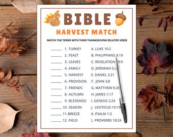 May include: A printable Thanksgiving game with a brown turkey and acorn illustration. The game is called "Bible Harvest Match" and asks players to match Thanksgiving-related terms with their corresponding Bible verses.