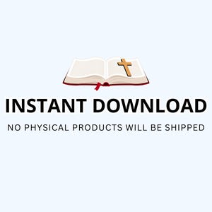 Pu&ograve; includere: Un libro aperto con una croce dorata sulla pagina di destra e un segnalibro a nastro rosso. Il testo "INSTANT DOWNLOAD" &egrave; visualizzato in grassetto nero, con il testo "NO PHYSICAL PRODUCTS WILL BE SHIPPED" sotto.