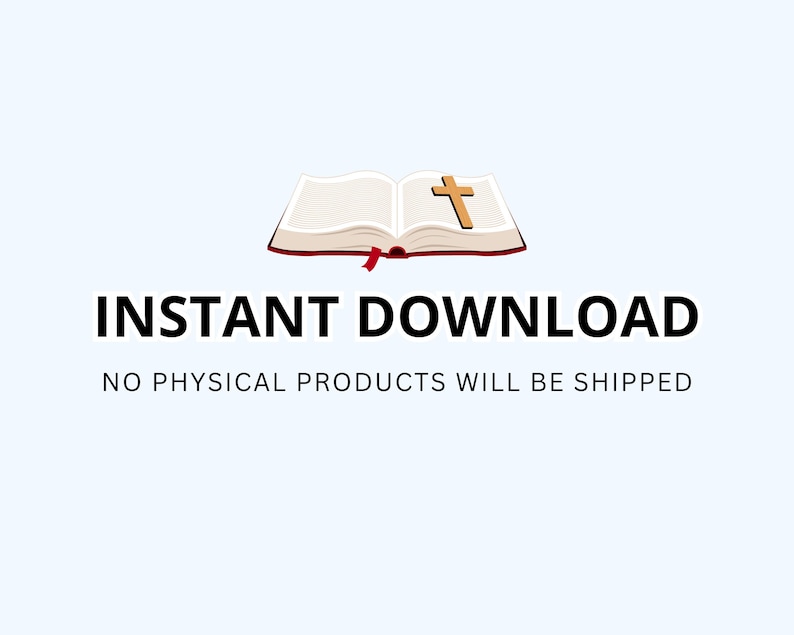 Pu&ograve; includere: Un libro aperto con una croce dorata sulla pagina di destra e un segnalibro a nastro rosso. Il testo "INSTANT DOWNLOAD" &egrave; visualizzato in grassetto nero, con il testo "NO PHYSICAL PRODUCTS WILL BE SHIPPED" sotto.