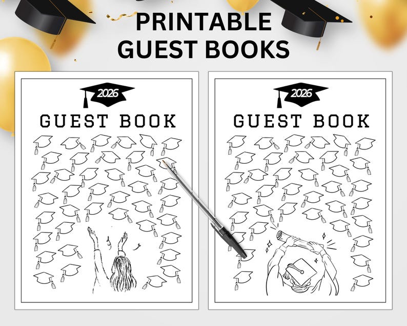 May include: Printable guest books with a graduation theme. Each book features a cover with the text "GUEST BOOK" and the year "2026". The interior pages are decorated with graduation caps. One book shows a person celebrating, and the other shows a graduate.