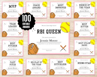 Editable Softball Award Certificates | Team Banquet (Digital Download)