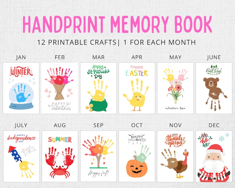 Puede incluir: Un libro de recuerdos imprimible con 12 manualidades de huellas de manos, una para cada mes del a&ntilde;o. Las manualidades tienen temas como invierno, San Valent&iacute;n, San Patricio, Pascua, D&iacute;a de la Madre, D&iacute;a del Padre, D&iacute;a de la Independencia, verano, oto&ntilde;o, Halloween, Acci&oacute;n de Gracias y Navidad.