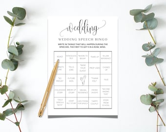 May include: A printable wedding speech bingo card with a black and white design. The card has a grid with 25 squares. Each square contains a phrase that might be said during a wedding speech, such as "roast", "introduces self", "where to begin", "tears up", "in-law reference", "forgets line", "tells joke", "raise your glass", "prop used", "chokes up", "so proud", "future kids", "thank you", "hug", "childhood story", "break up story", "sibling reference", "crowd laughs", "no one knows this", "on a serious note", "heart felt story", "uses phone for speech", "happy couple", "story from school".