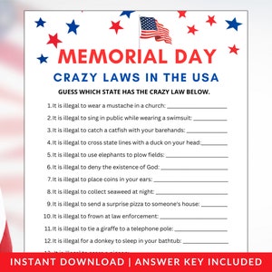 Crazy Laws USA Game | Funny Patriotic Memorial Day (Instant Download)