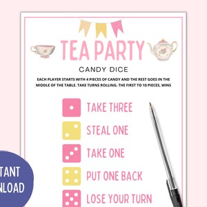 Tea Party Candy Dice| Tea Party Games | Tea Party Games Adults Kids Toddler | Tea Party Printable Games | Tea Party Bridal Baby Shower