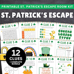 Könnte beinhalten: Ein druckbares St. Patrick's Day Escape Room Kit mit 12 Hinweisen. Das Design zeigt grüne Kleeblätter, einen Regenbogen und einen Goldtopf. Der Text "ST. PATRICK'S ESCAPE" ist enthalten.