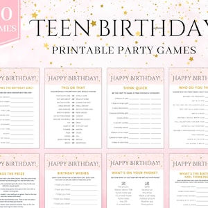 May include: A set of printable party games for a teen birthday party. The games are pink and gold with gold stars and the text "TEEN BIRTHDAY" in gold letters. The games include "Who Knows the Birthday Girl?", "This or That", "Think Quick", "Who Do You Think?", "Pass the Prize", "Birthday Wishes", "What's on Your Phone?", and "What's the Birthday Girl Thinking?"